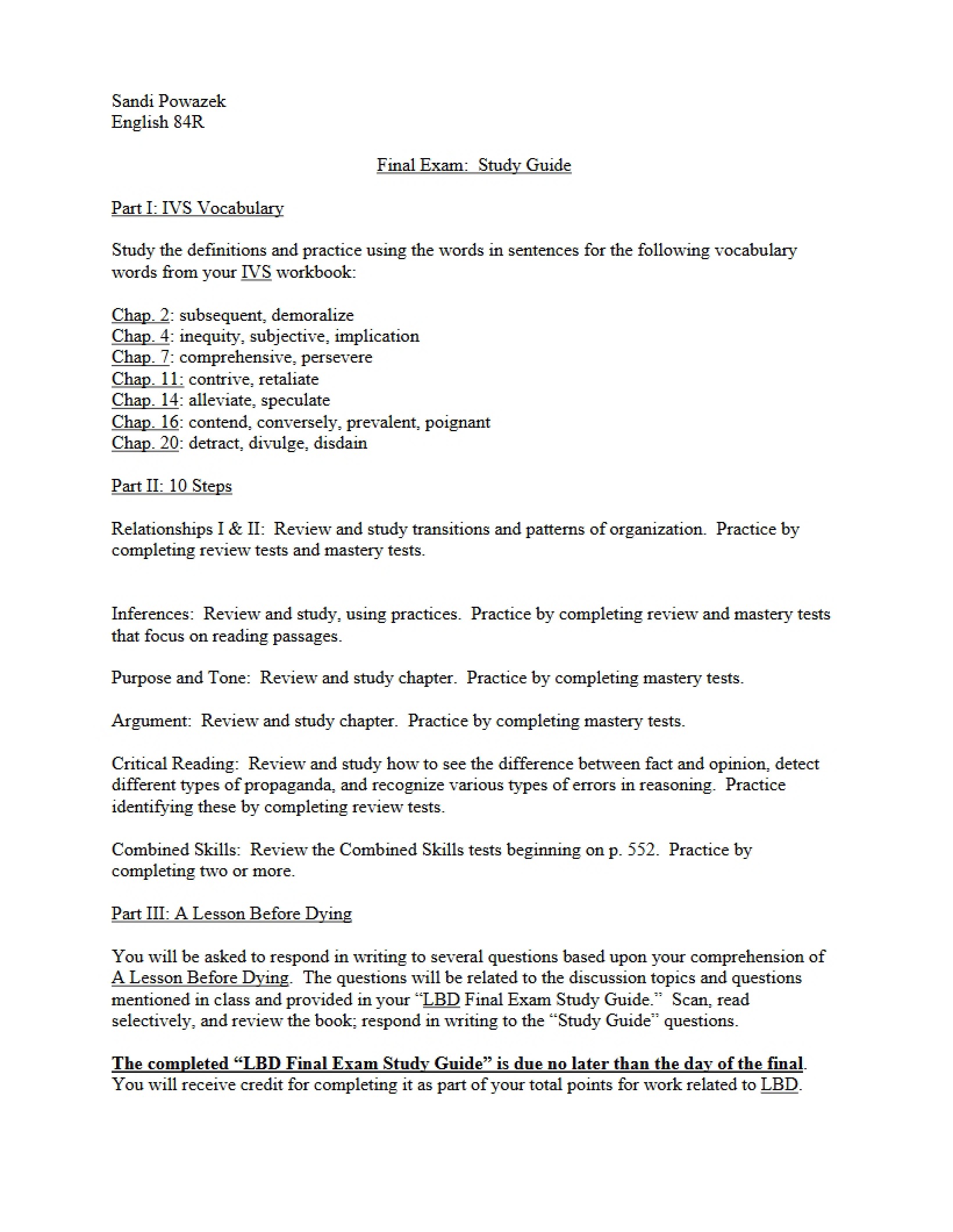 Study Guide for Final Examination
