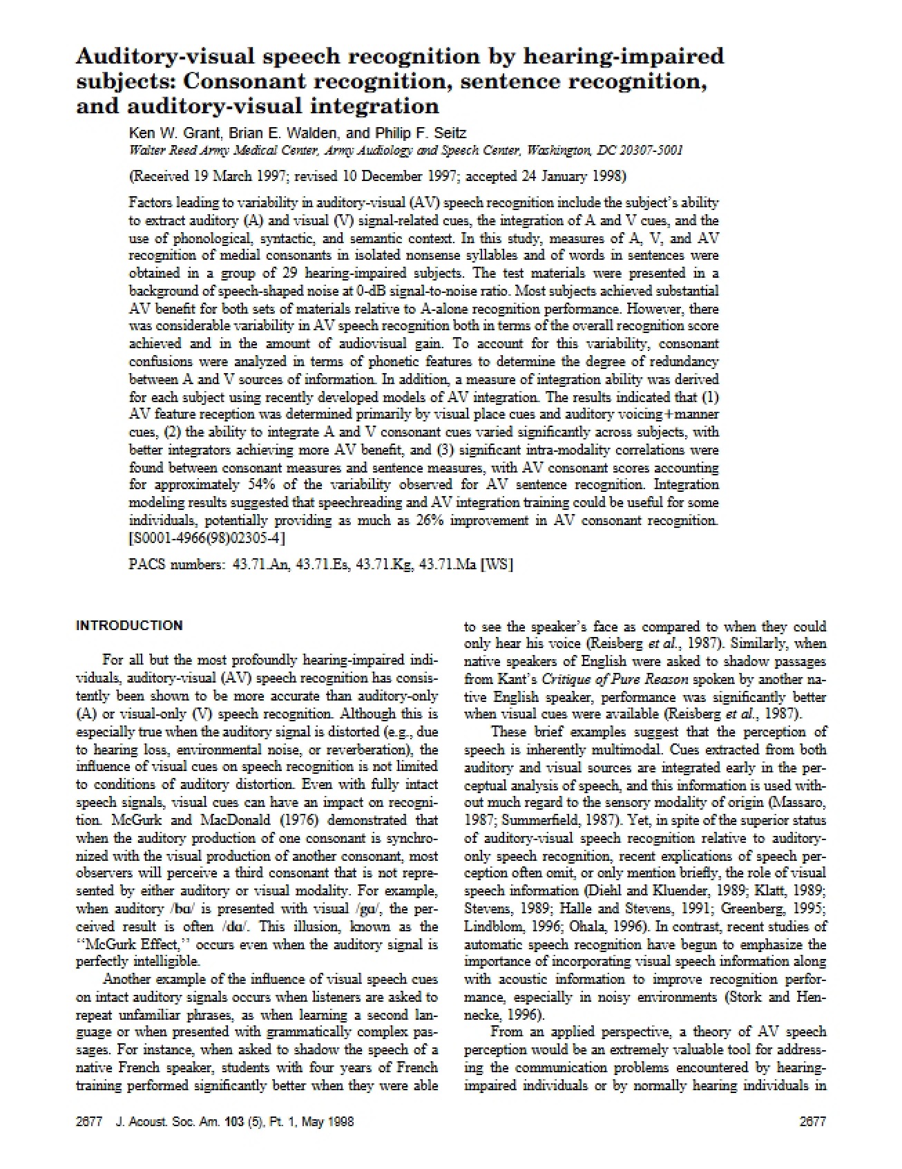 Speech Recognition by Hearing-Impaired Individuals via Auditory-Visual Cues