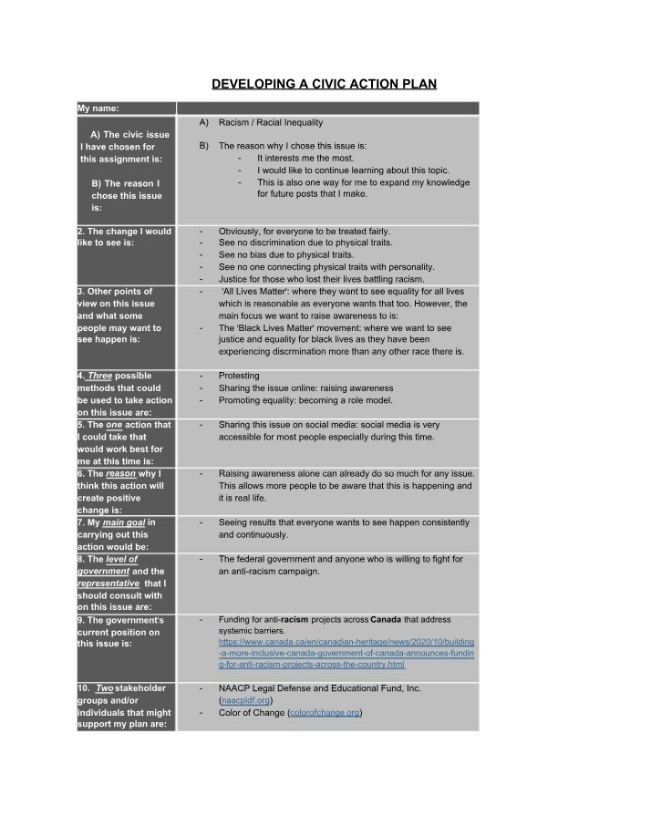 Civic Action Plan for Addressing Racism and Racial Inequality