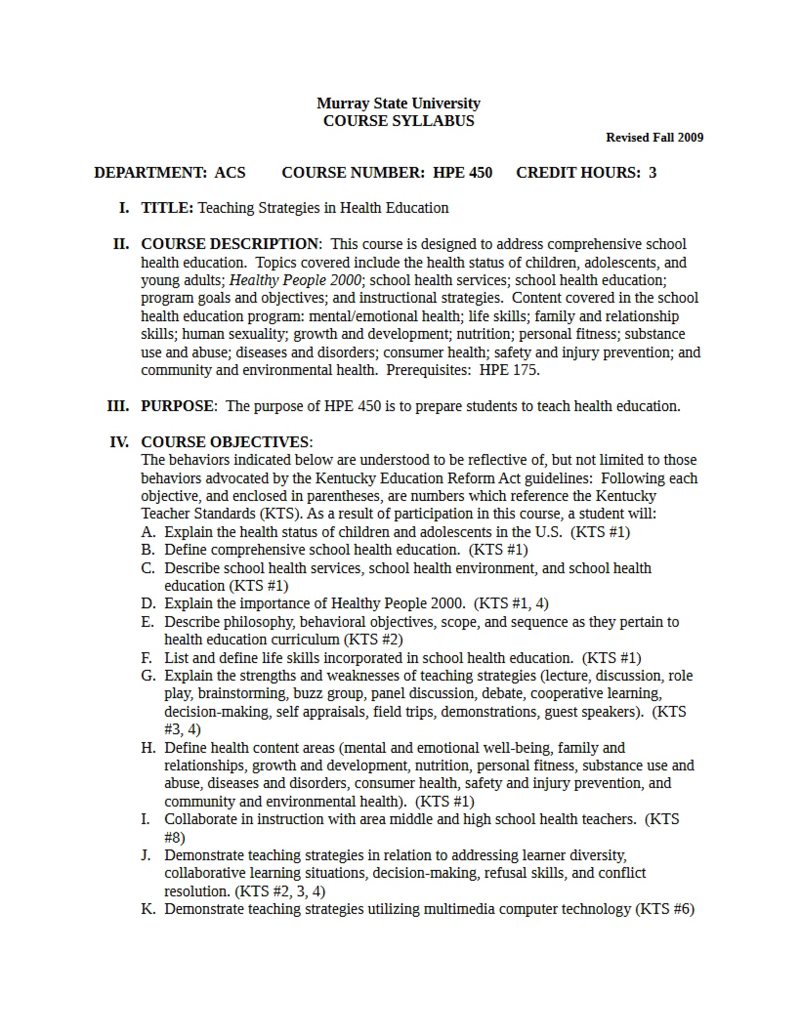 Syllabus - Teaching Strategies in Health Education
