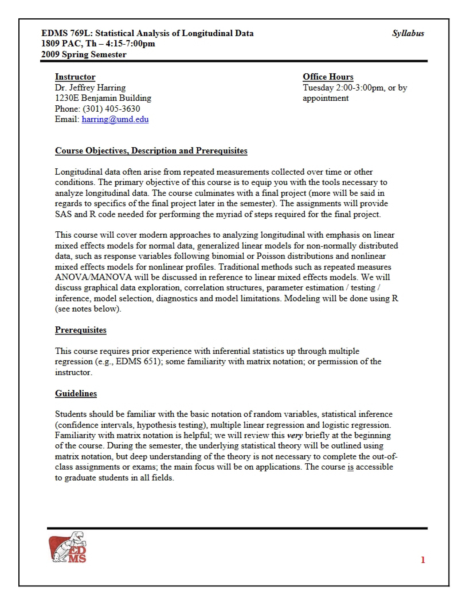 Longitudinal Data Analysis Syllabus