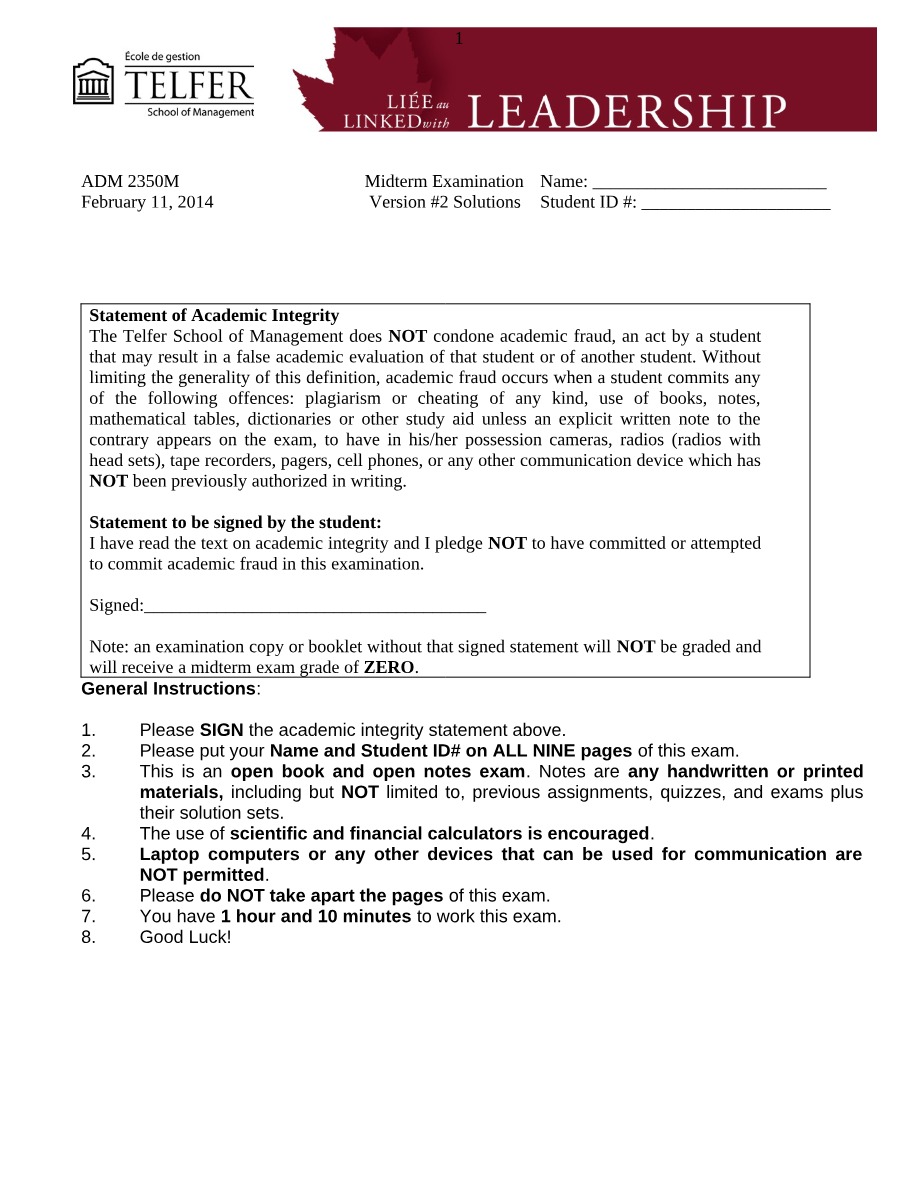 Solutions for ADM 2350M Midterm Examination Version 2