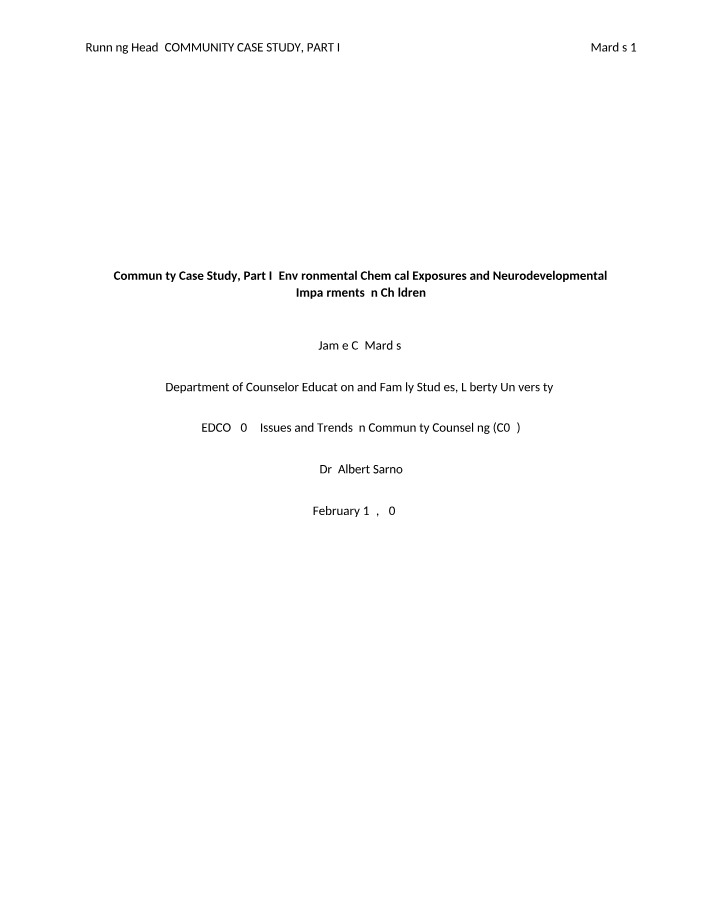 Community Case Study Part I - Environmental Chemical Exposures and Neurodevelopmental Impairments in Children