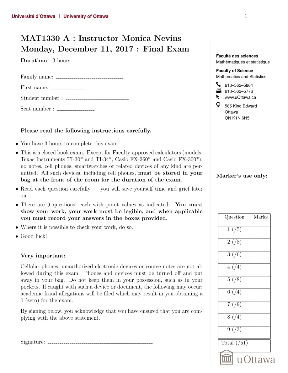 MAT1330 A Final Exam Version 2