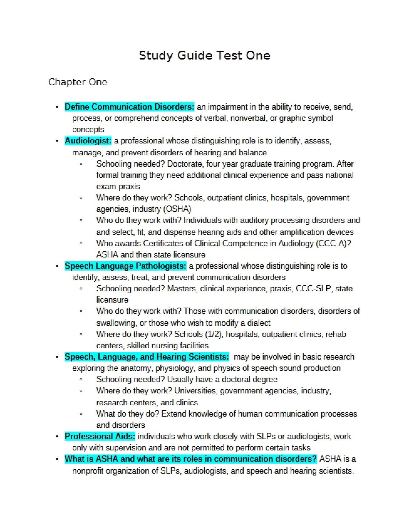 Test One Study Guide