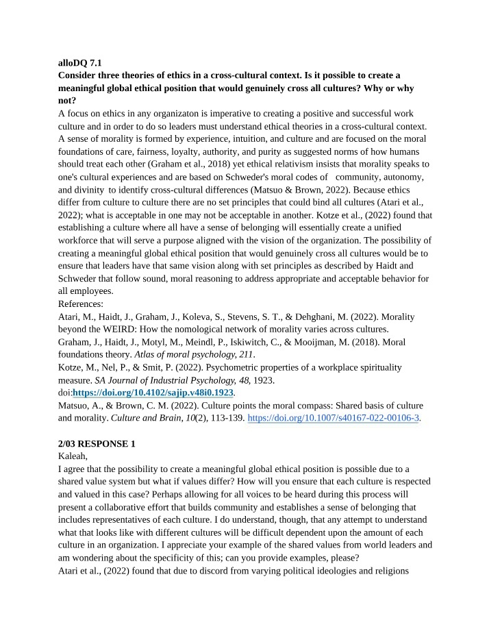 Global Ethical Position in a Cross-Cultural Context
