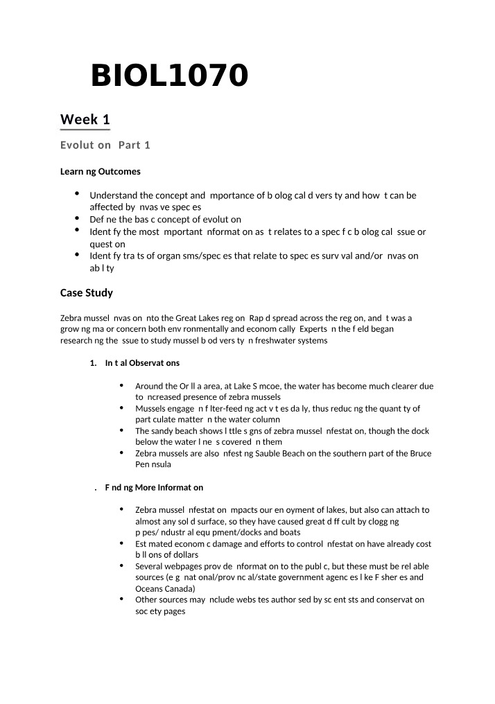 Zebra Mussel Invasion Case Study - BIOL 1070 Week 1 Evolution