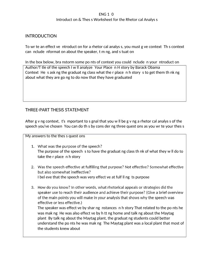 Introduction and Thesis Worksheet for Rhetorical Analysis