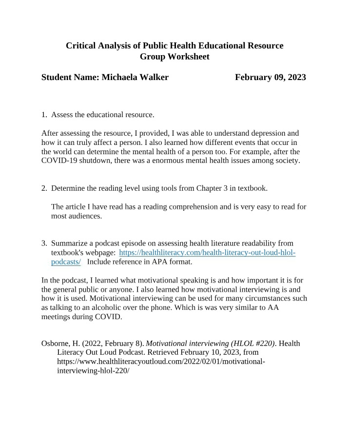 Critical Analysis of Public Health Educational Resource