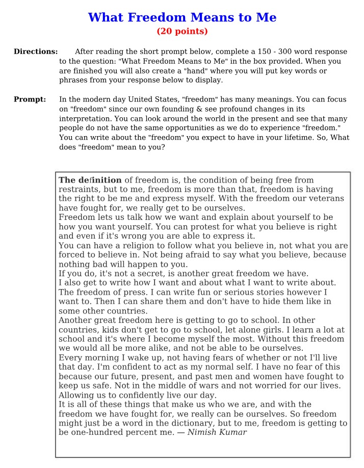 What Freedom Means to Me - Essay and Rubric