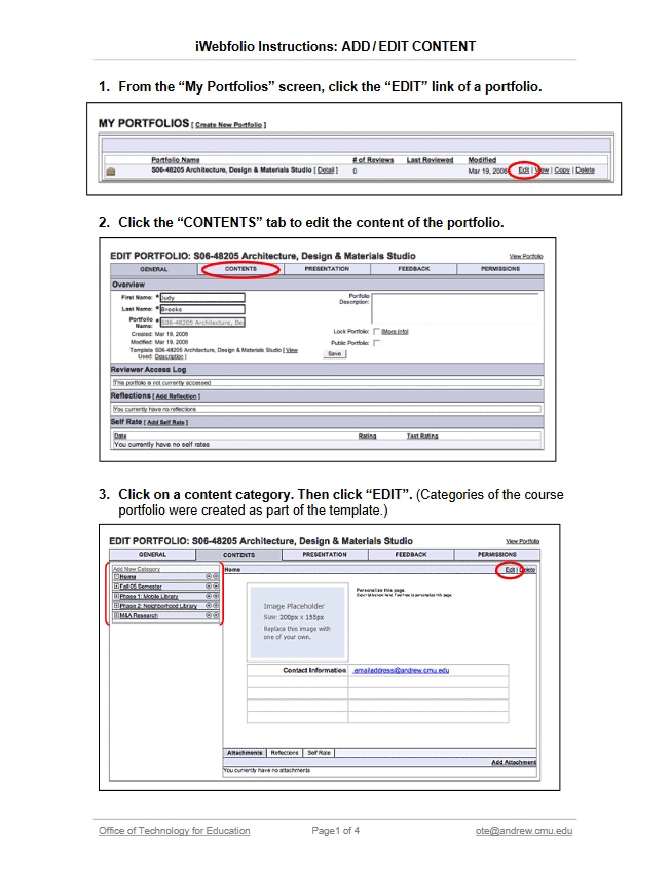 Instructions for iWebfolio Adding and Editing Content
