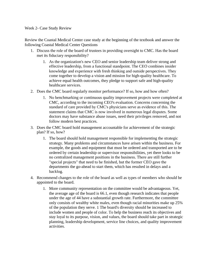 Coastal Medical Center - CEO Leadership and Board Oversight