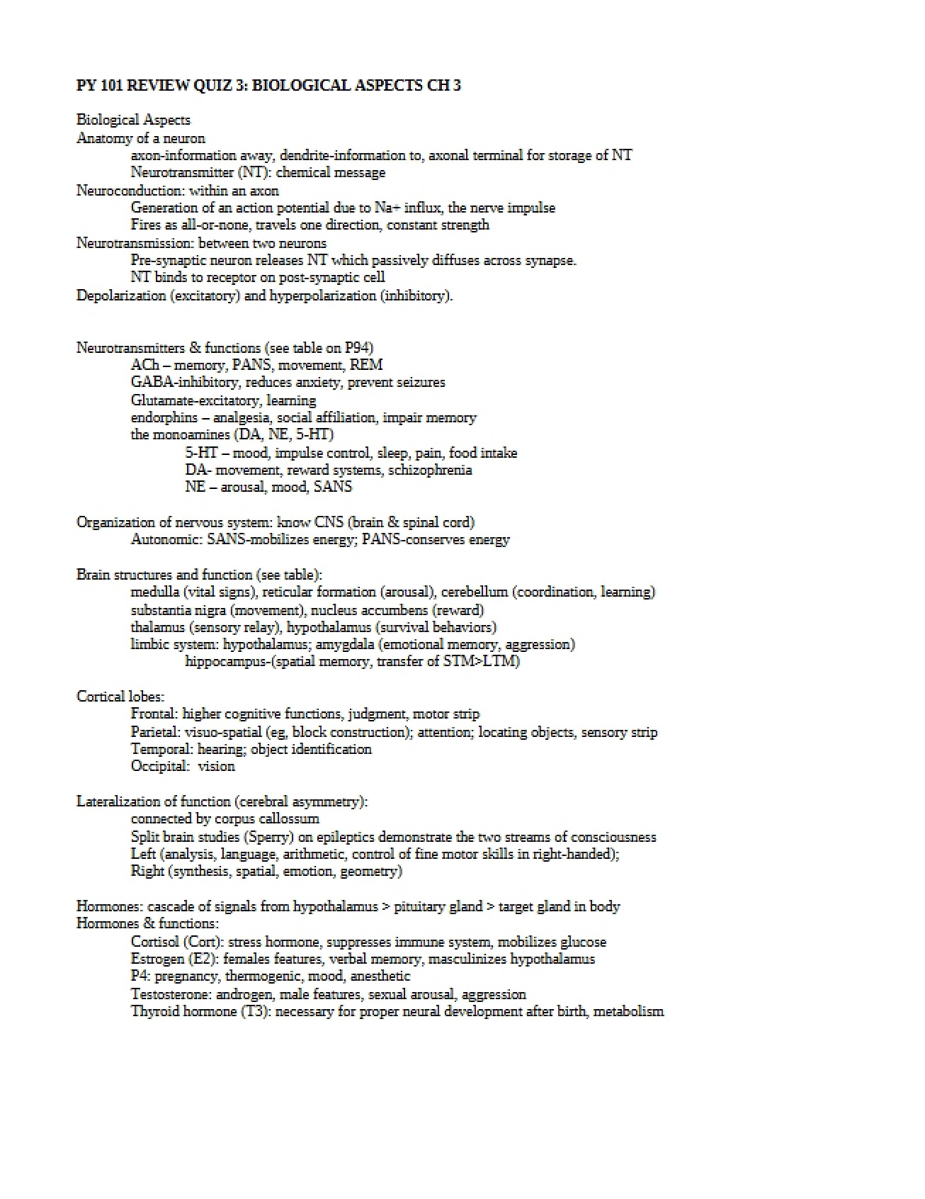 Biological Aspects Review Quiz (Chapter 3)