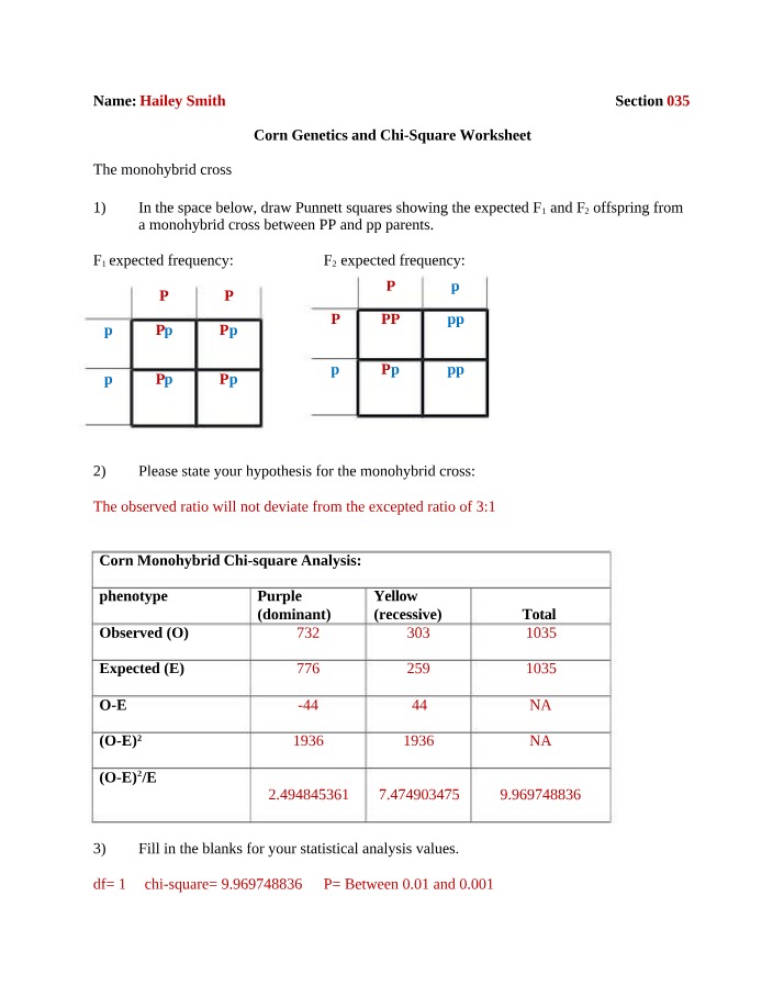 Worksheet on Corn Genetics and Chi-Square