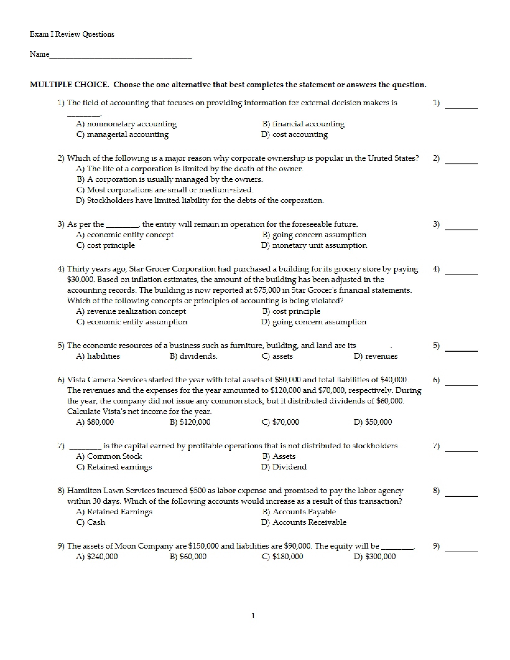 Practice Test for Exam One