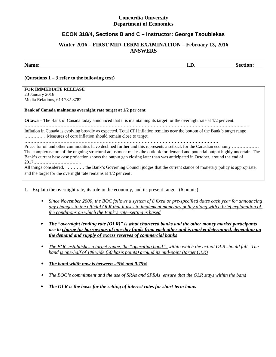 Winter 2016 Mid-Term Exam Answers - ECON 318-4