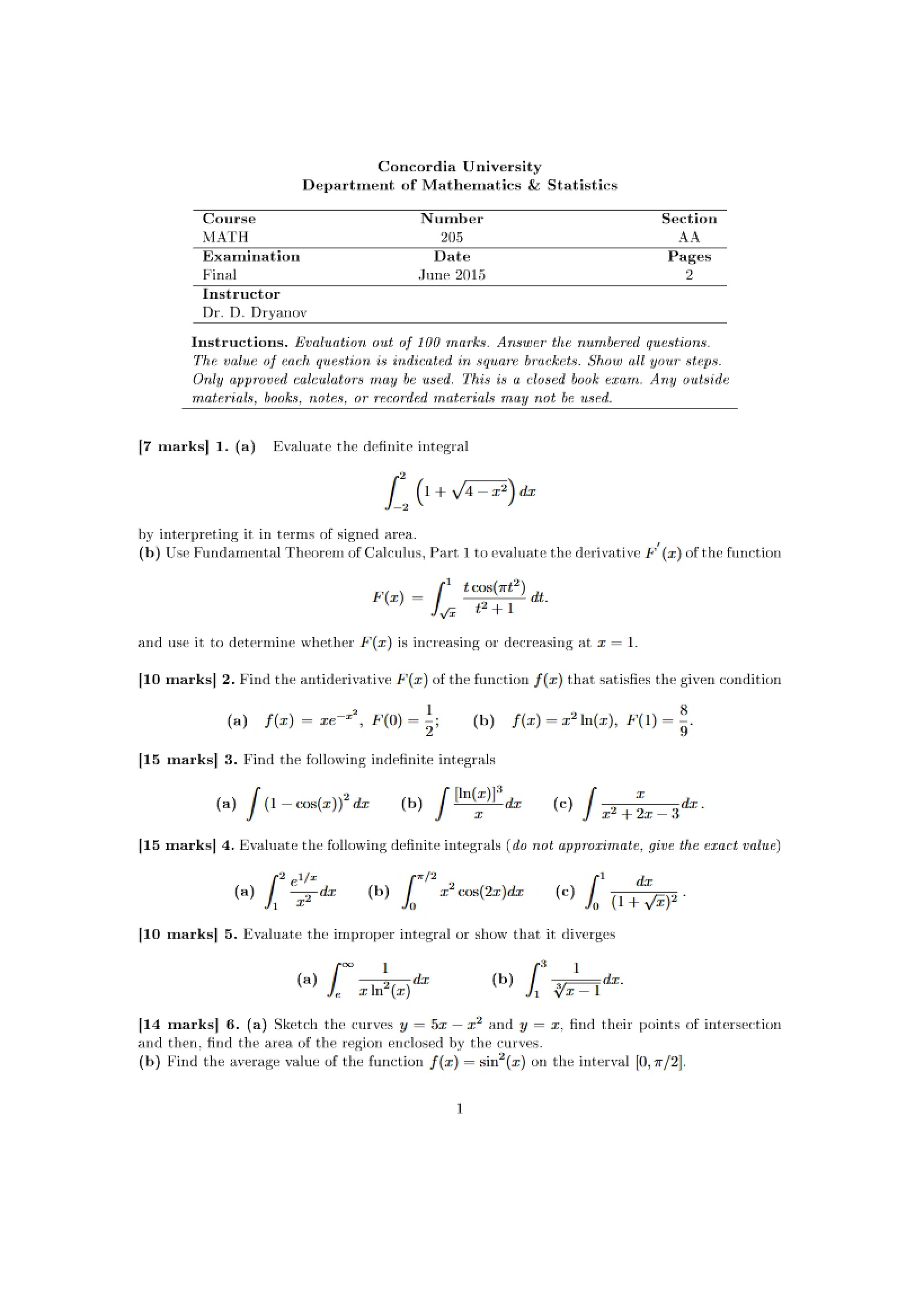 Calculus II Final Exam