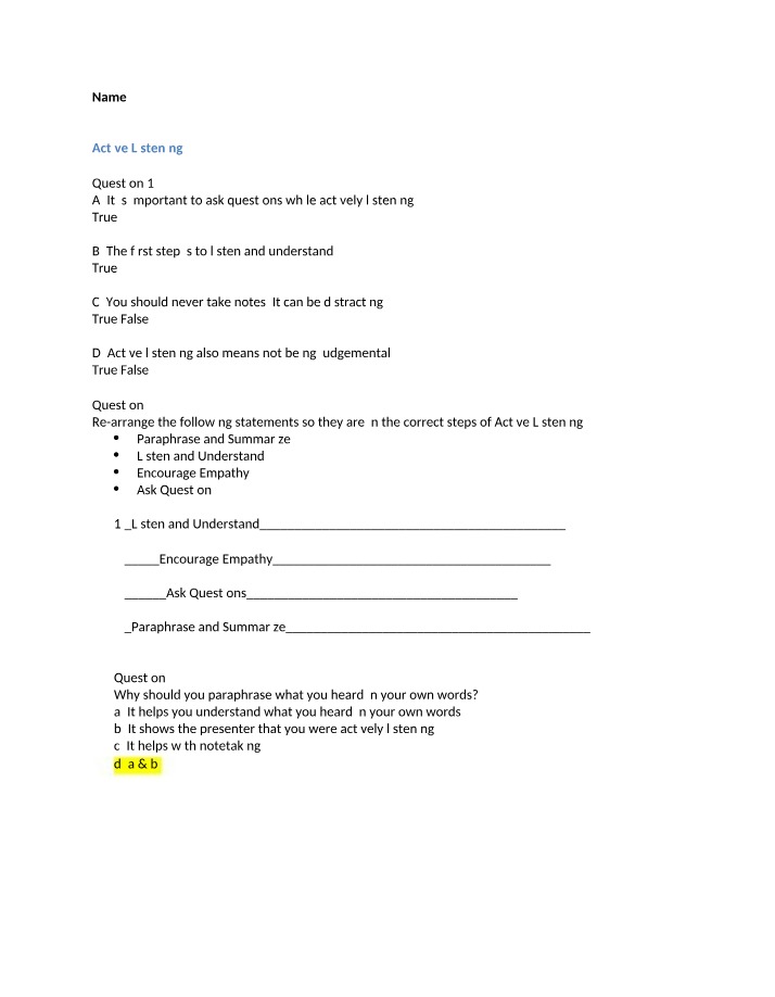 Worksheet on Active Listening