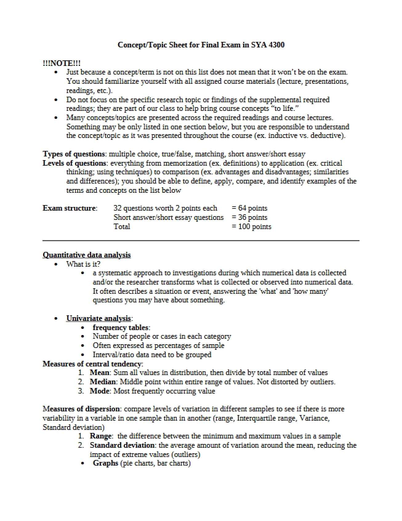 Sheet of Topics for Final
