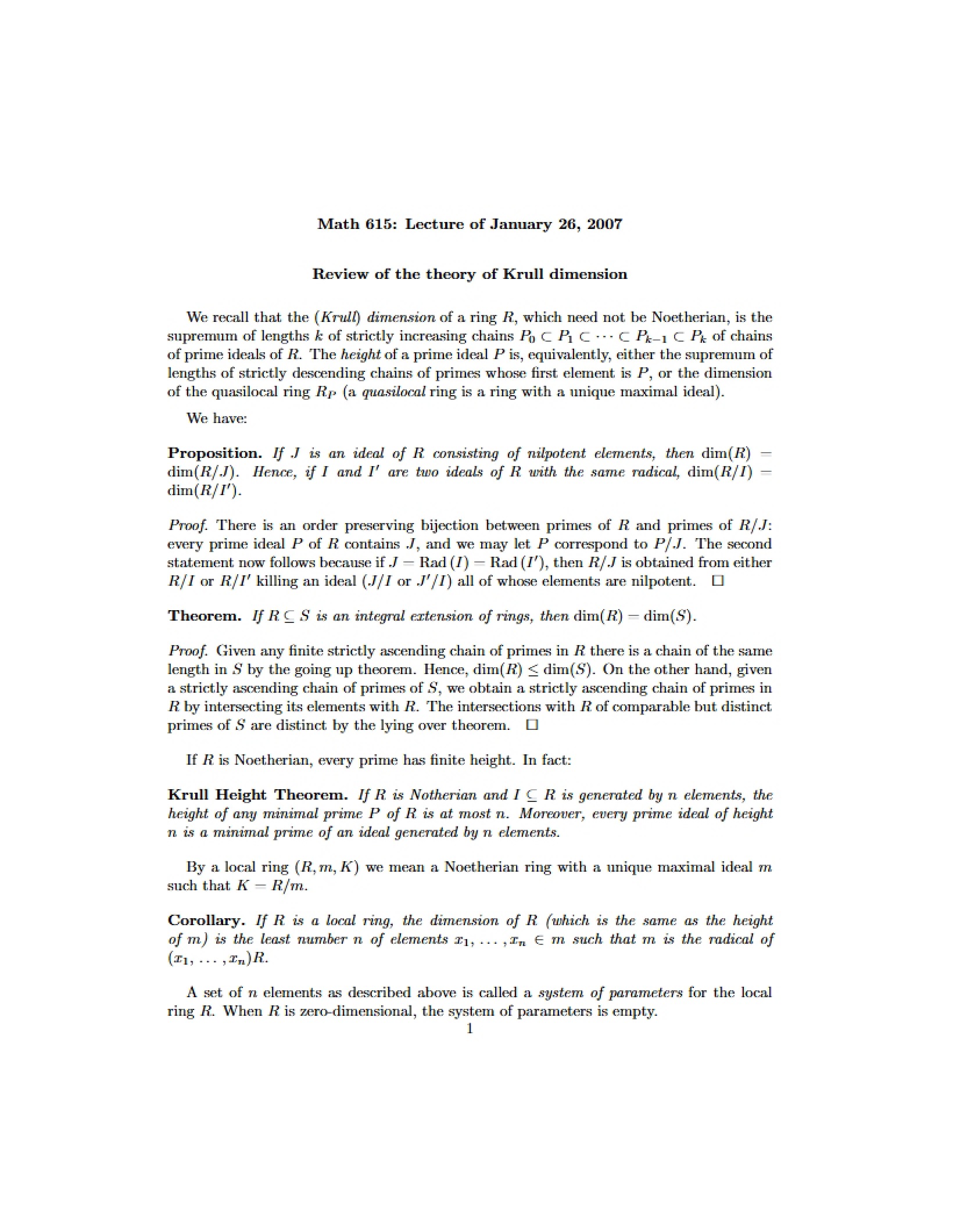 Krull Dimension Theory Review