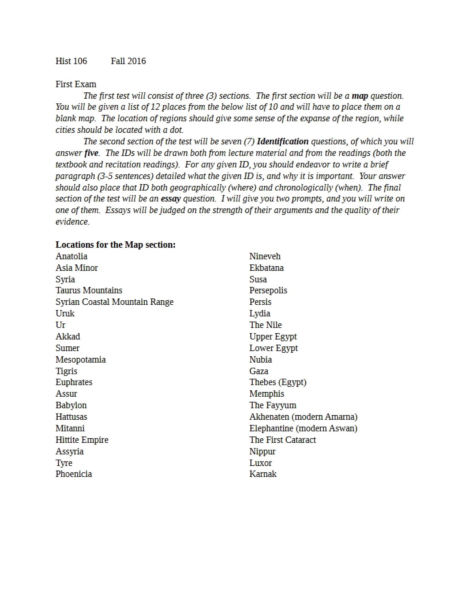 Map Places for First Test (Fall 2016)
