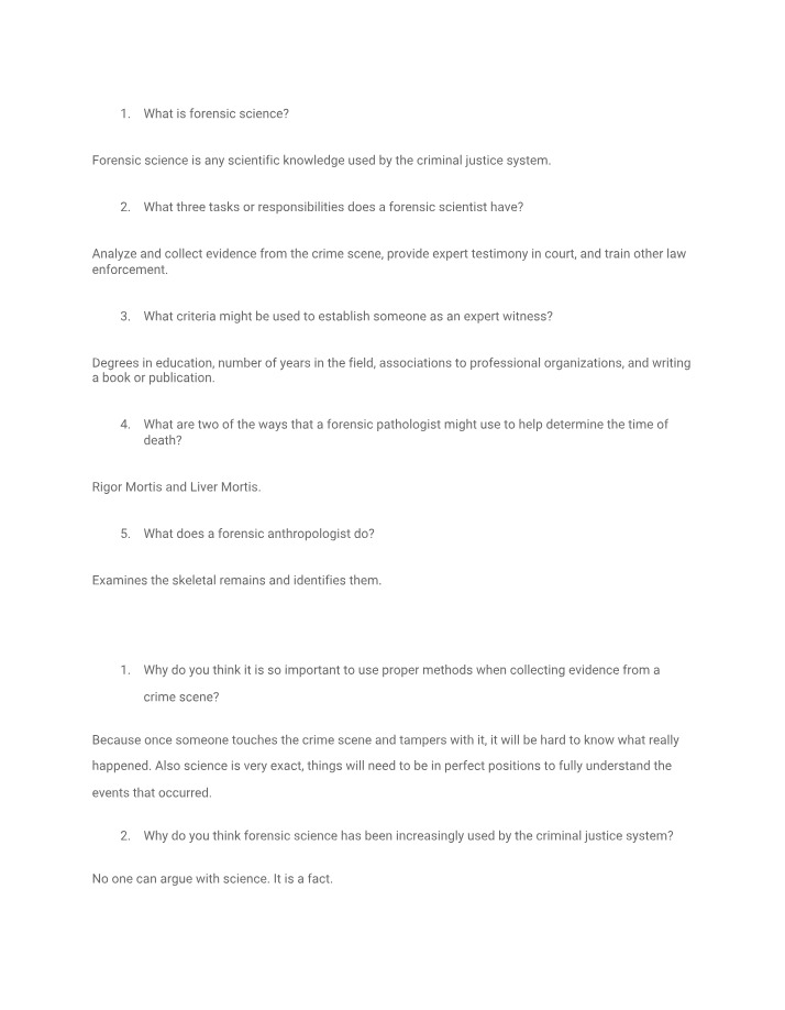 Study Questions and Answers for Forensic Science