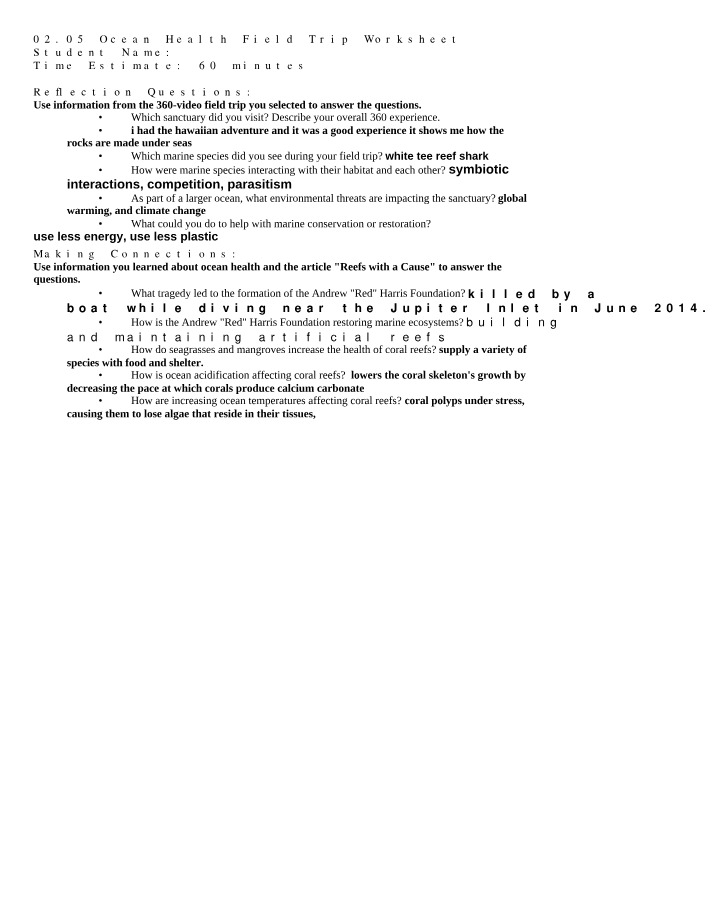 Worksheet for Ocean Health Field Trip