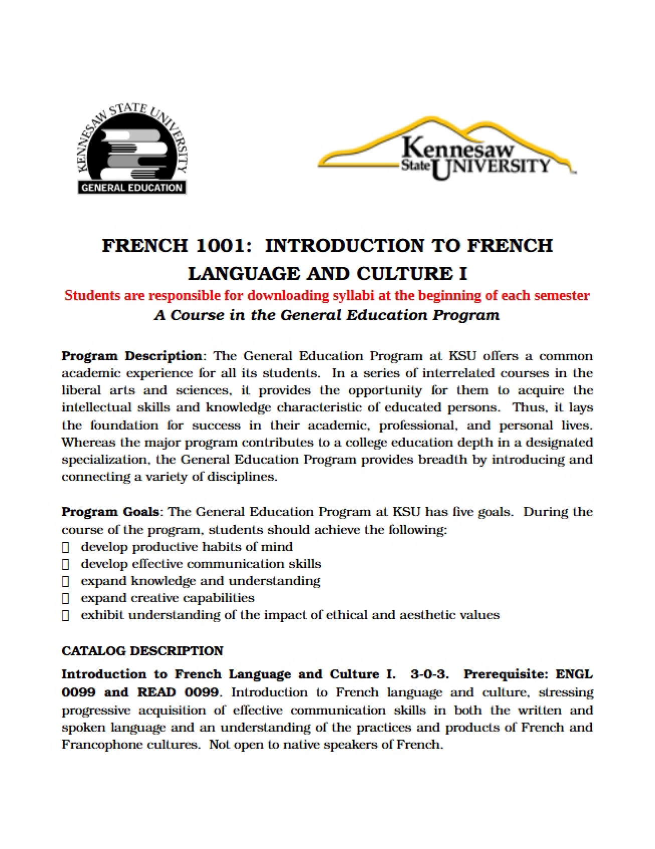 Course Outline Introduction to French I