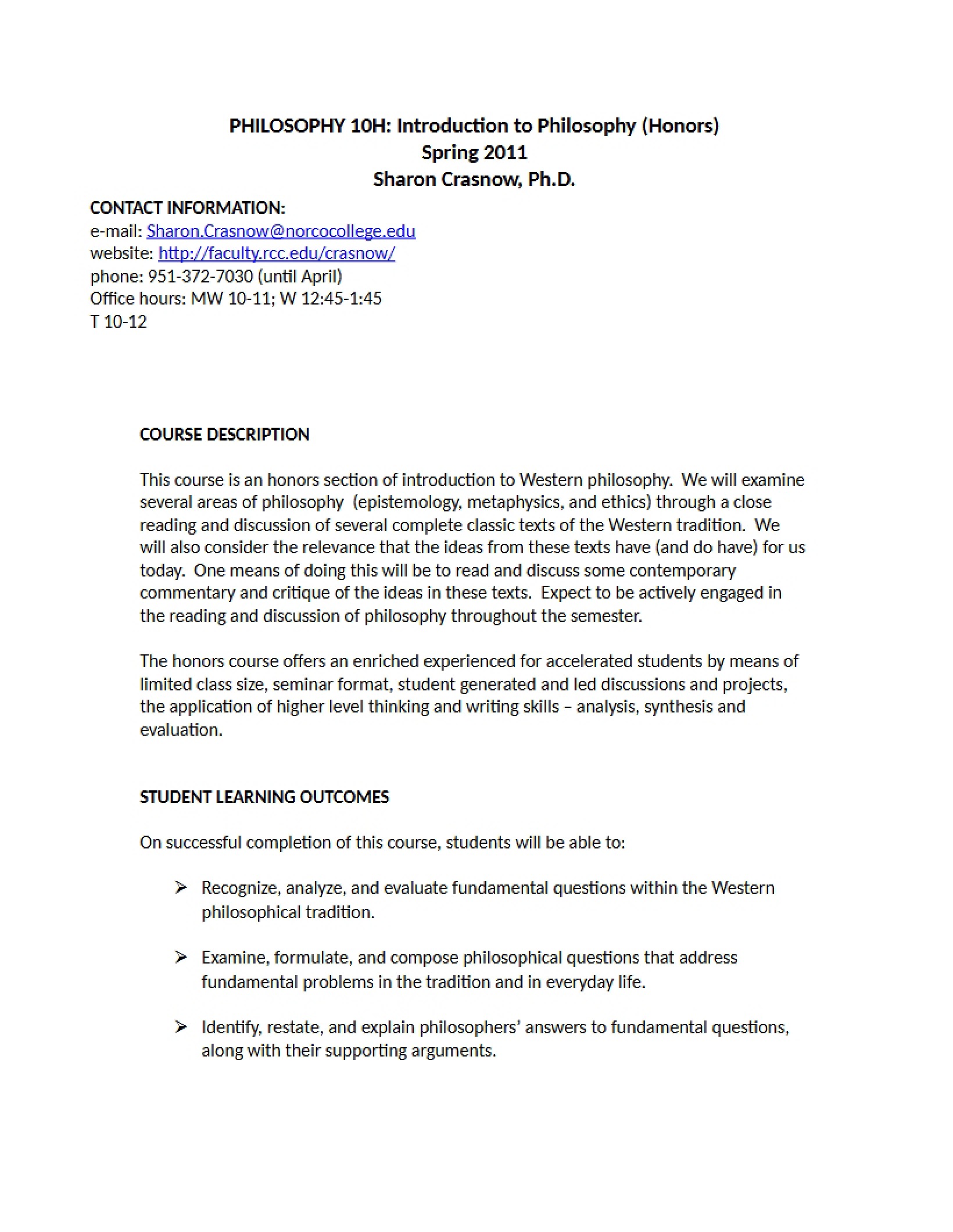 Philosophy Course Syllabus - PHI 10