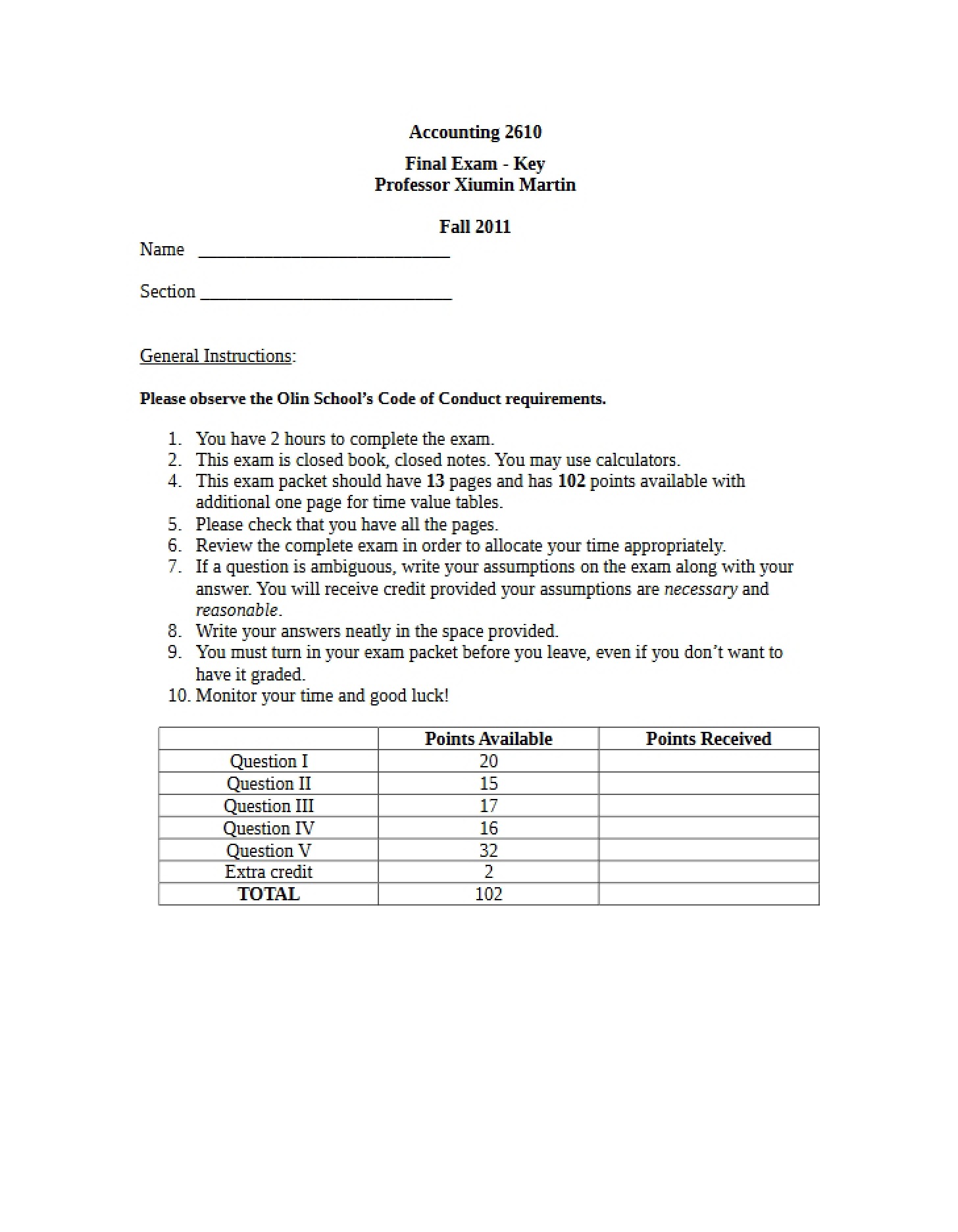 Answer Key Fall 2011 Final