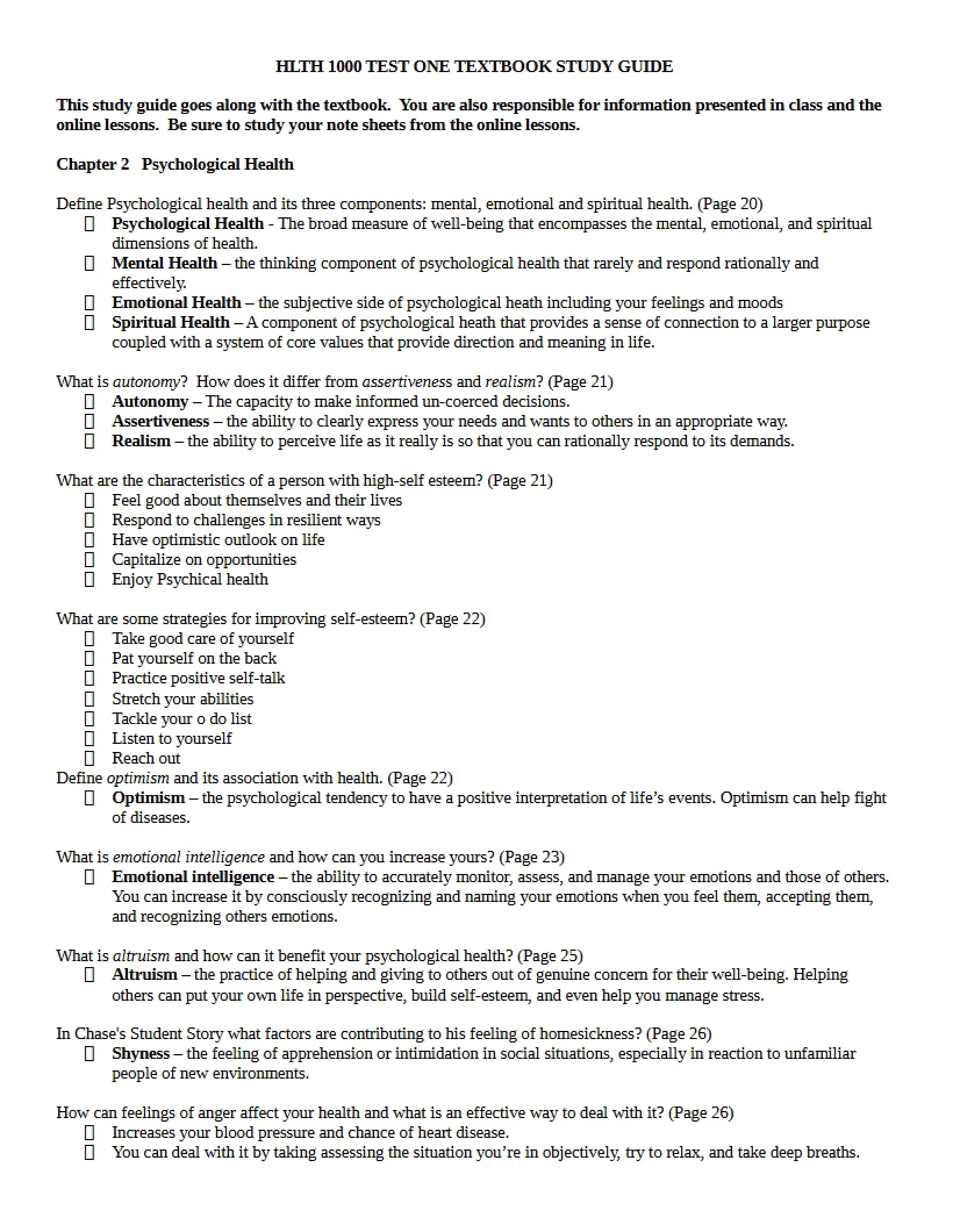 Study Guide for Test 1 (Textbook)