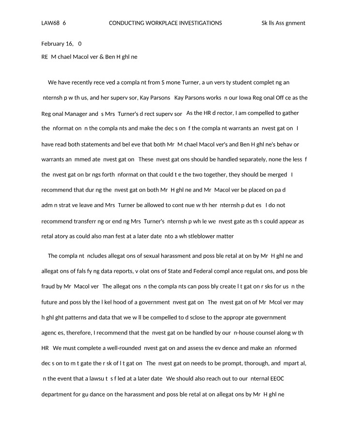 Workplace Investigation Skills Assignment
