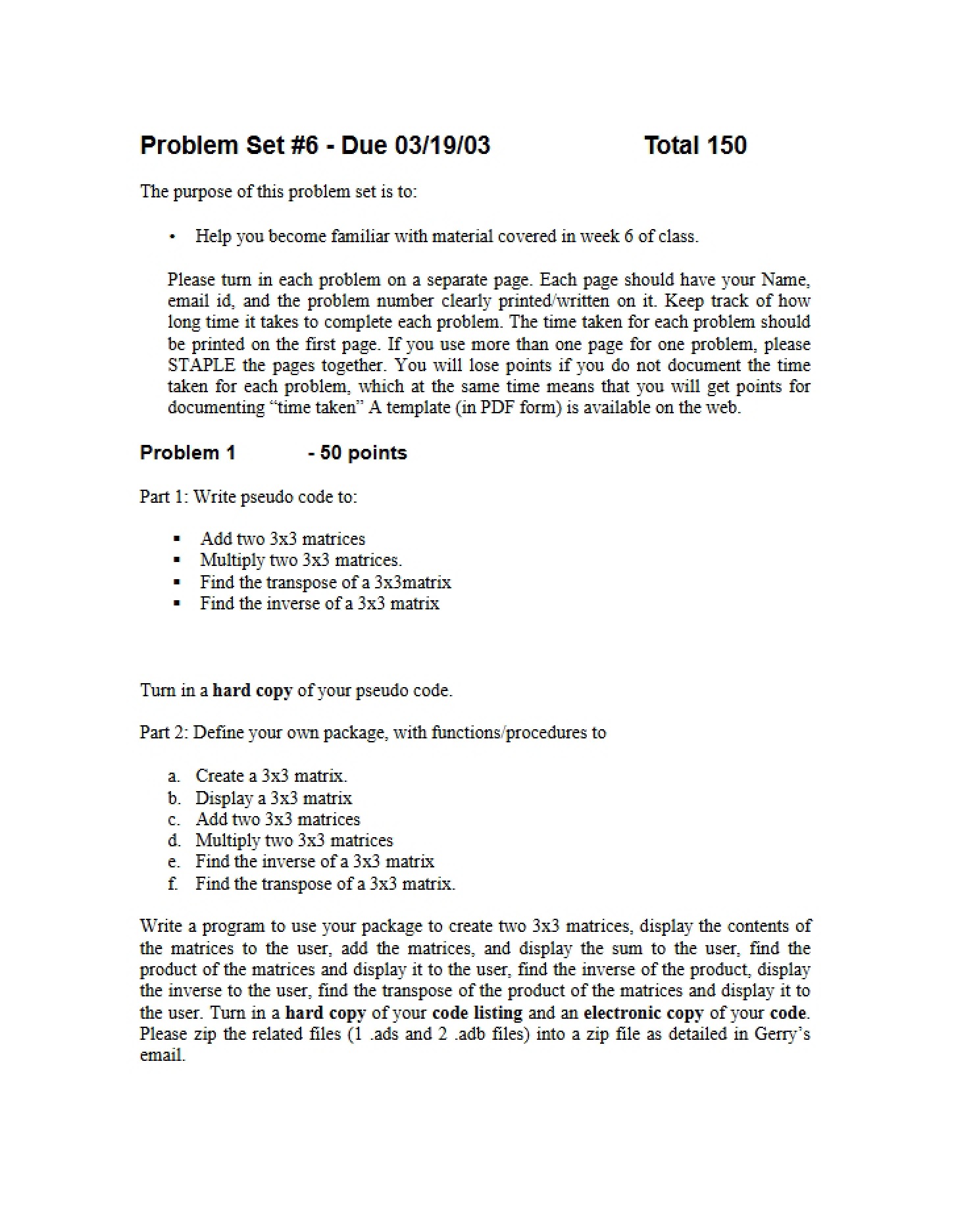 Sixth Problem Set