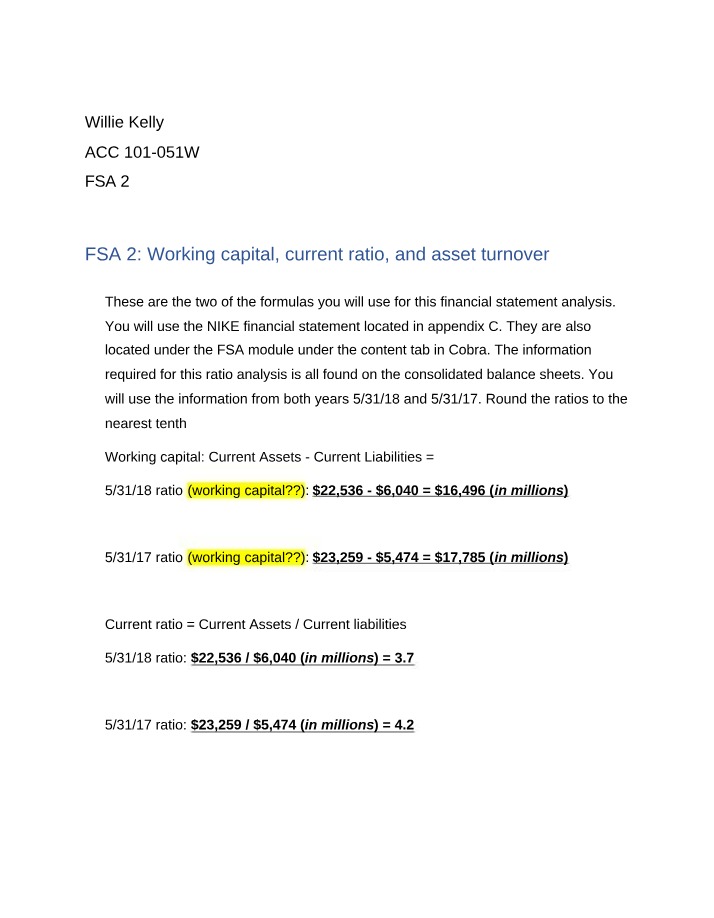 Working Capital, Current Ratio, and Asset Turnover Analysis for Nike