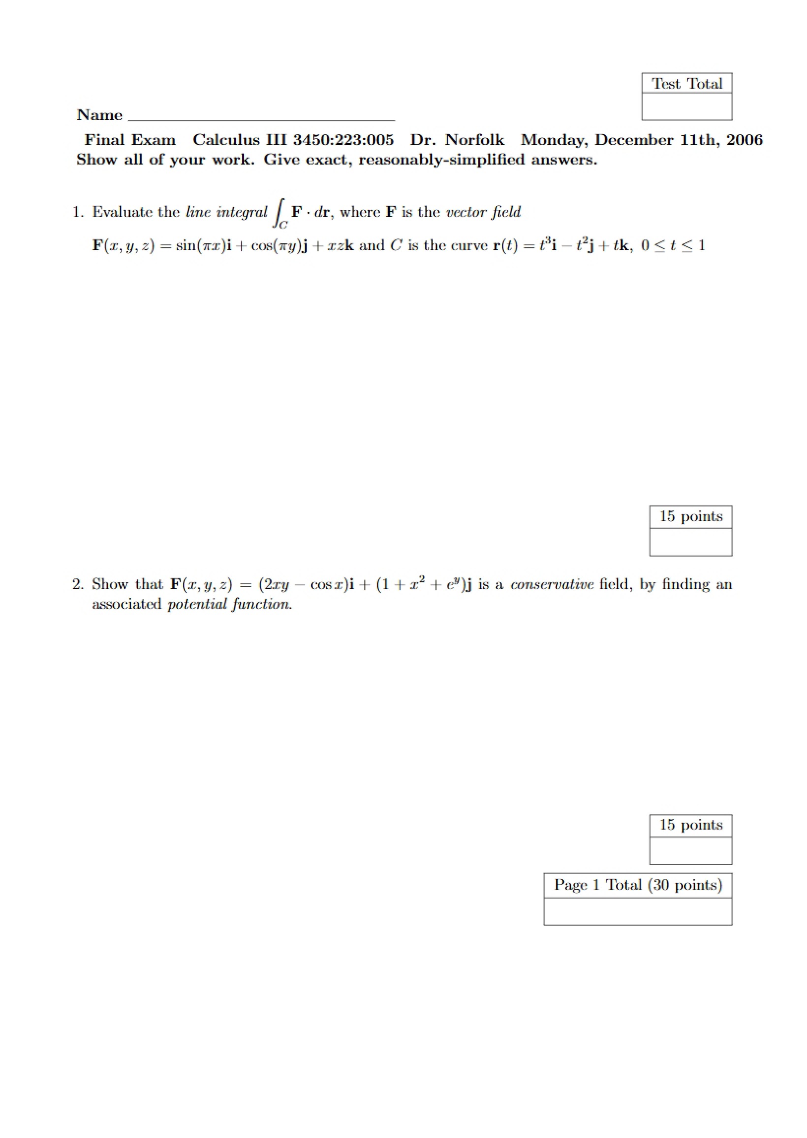 Calculus III Final Exam