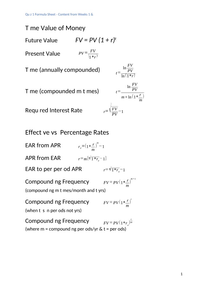 Formula Sheet for Quiz 1
