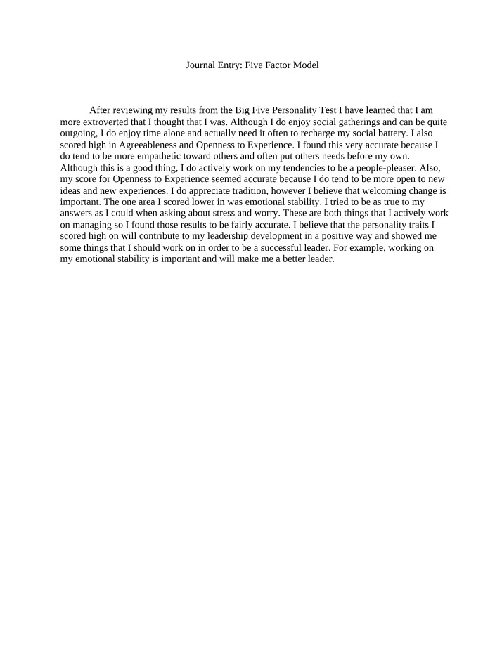 Journal Entry on the Five Factor Model