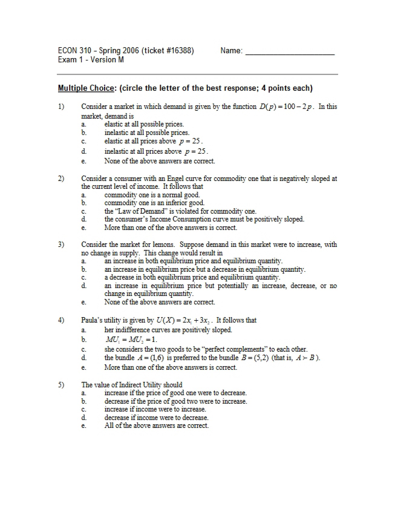 First Exam Version M