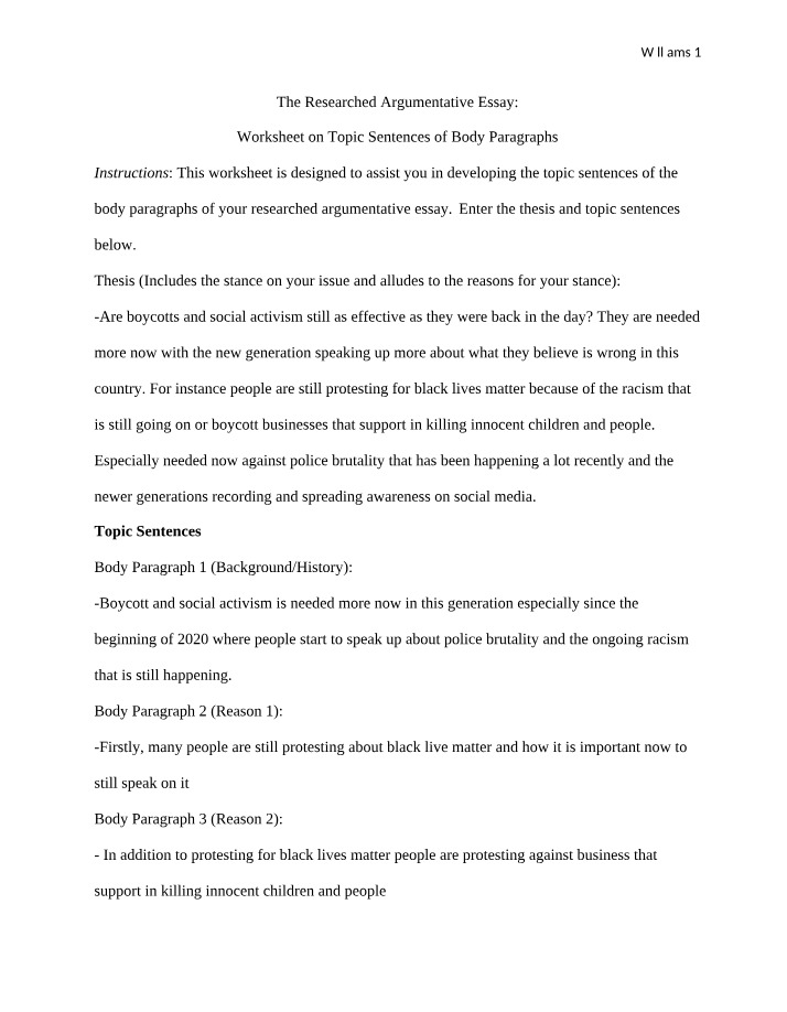 Worksheet - Topic Sentences for Researched Argumentative Essays