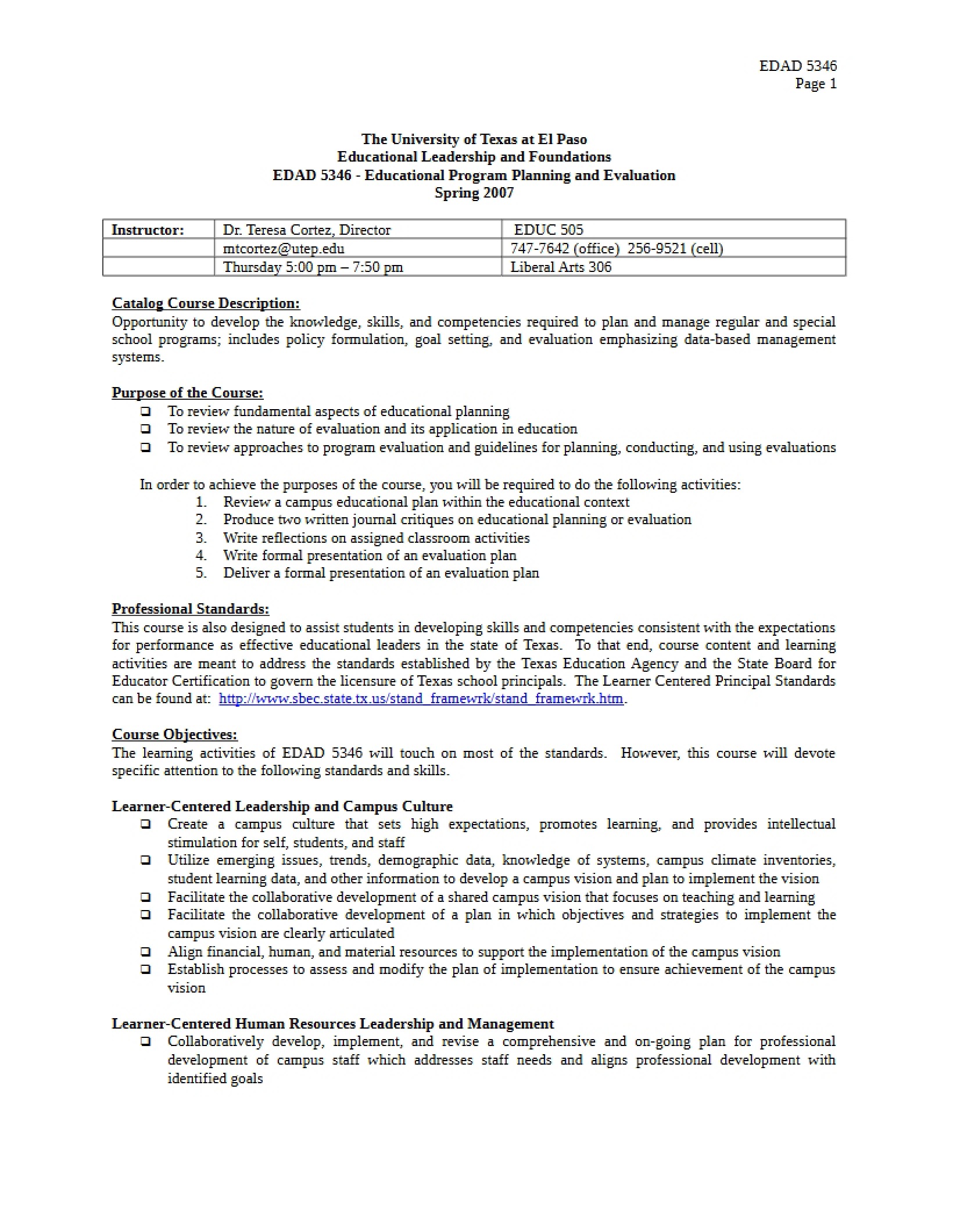 Educational Program Planning and Evaluation Syllabus - EDAD 5346