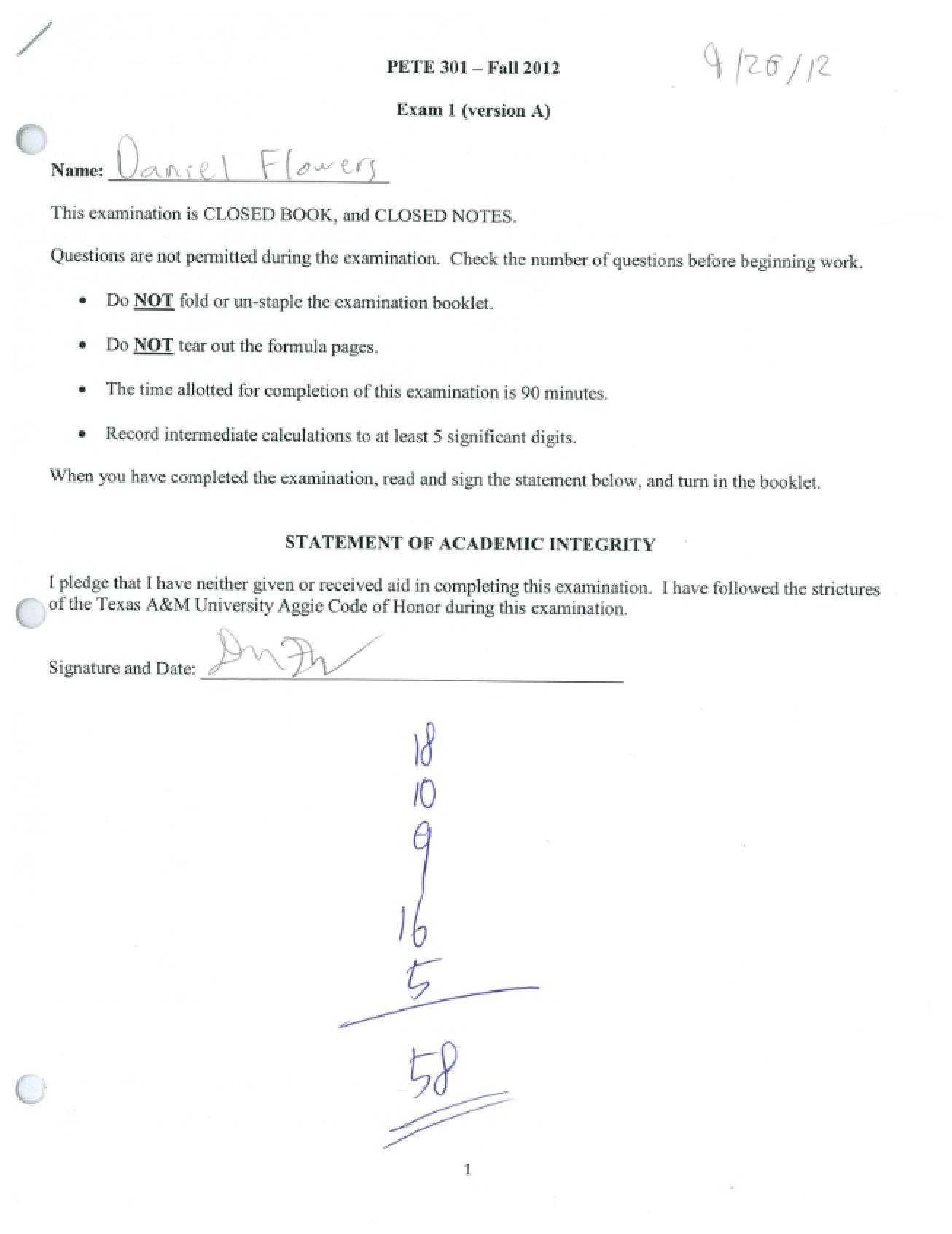 Numerical Methods Exam 1 (Fall 2012)