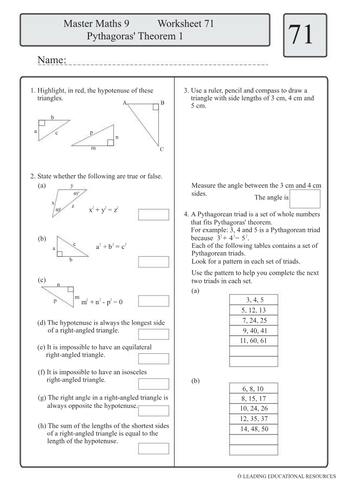 Master Maths 9 Worksheet 71 - Pythagoras' Theorem 1