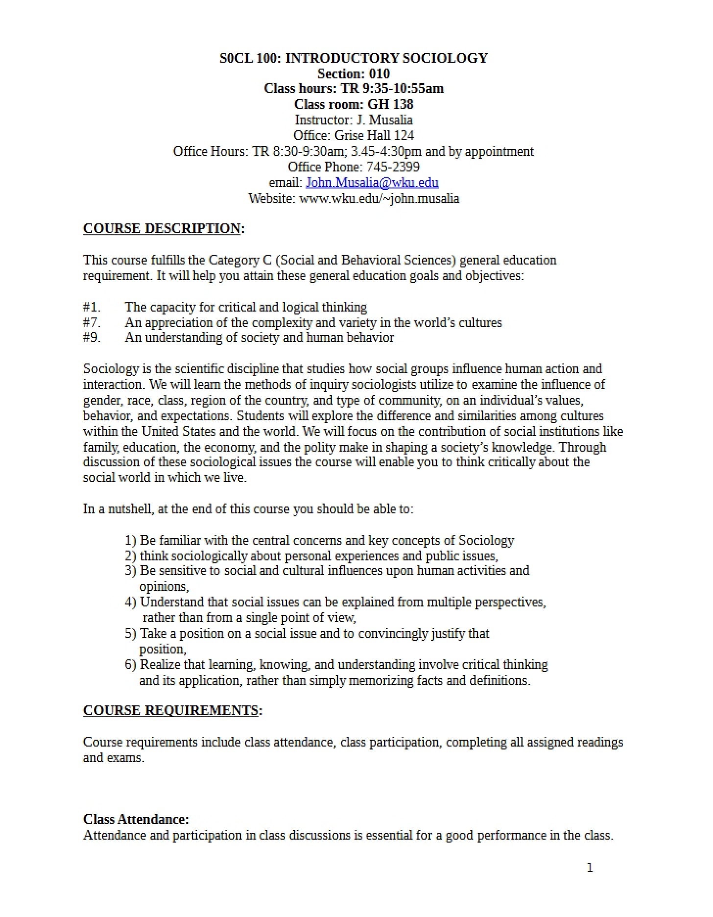 Sociology 100 Course Description