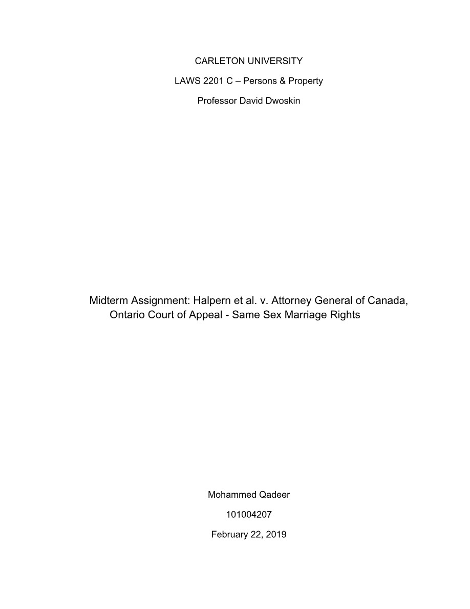 Midterm Assignment - Same Sex Marriage Rights (Halpern v. AG of Canada)