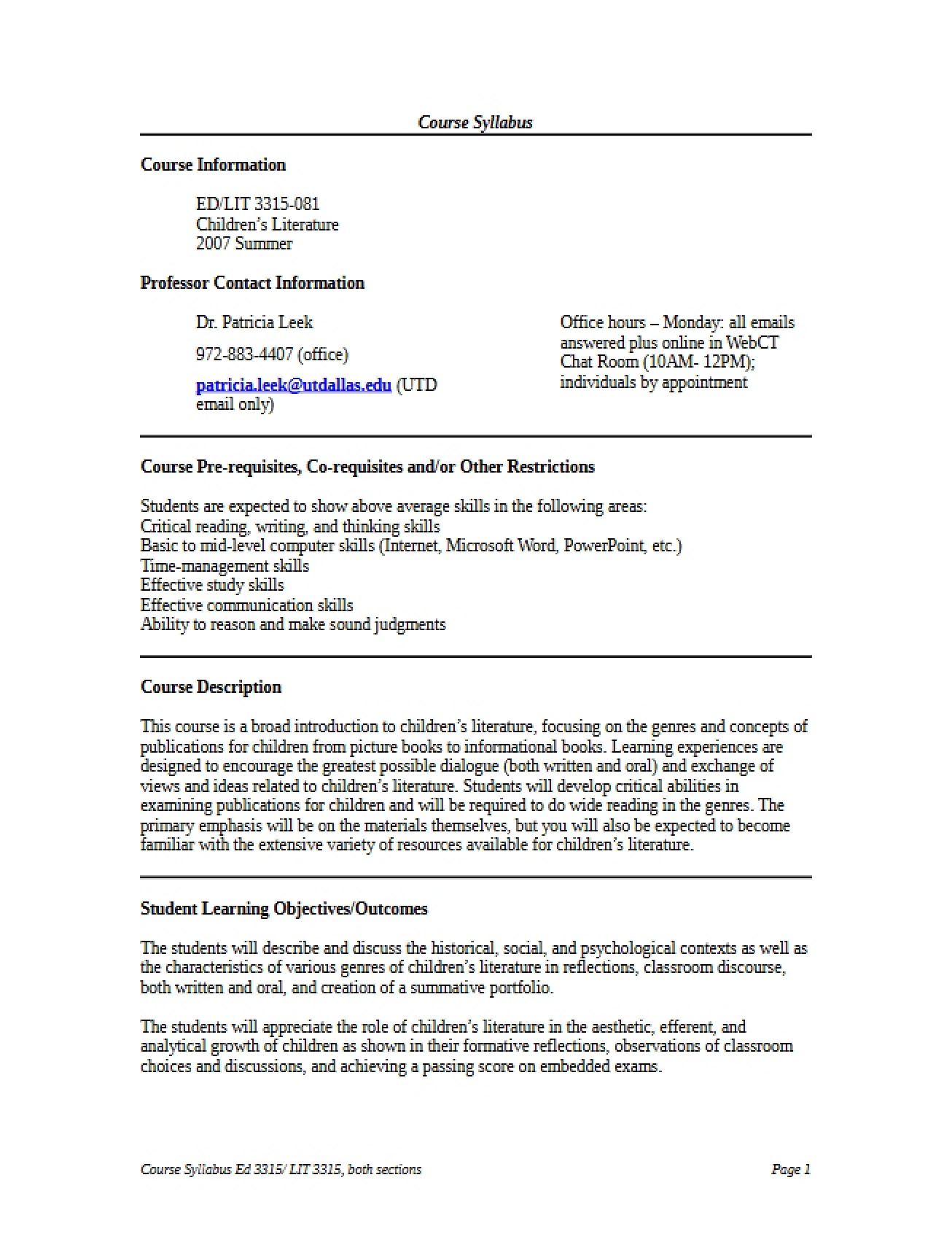Children's Literature Course Syllabus - 10 Pages