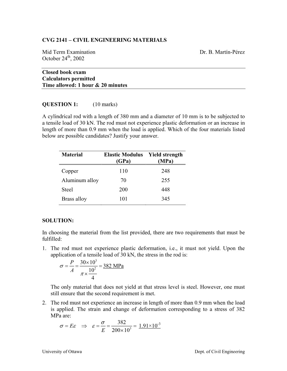 Civil Engineering Materials Mid Term - October 2002