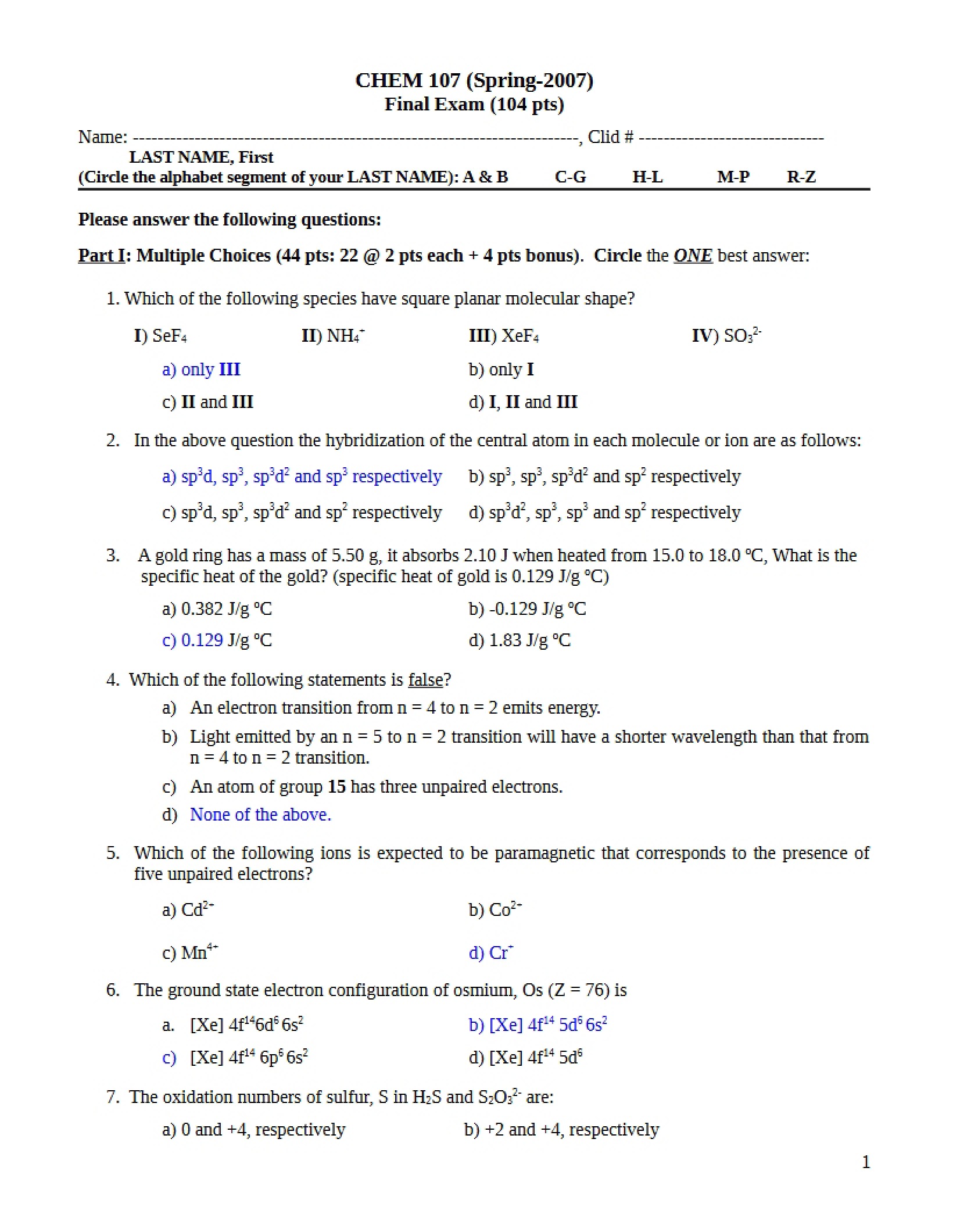 Final Exam (Chem 107)