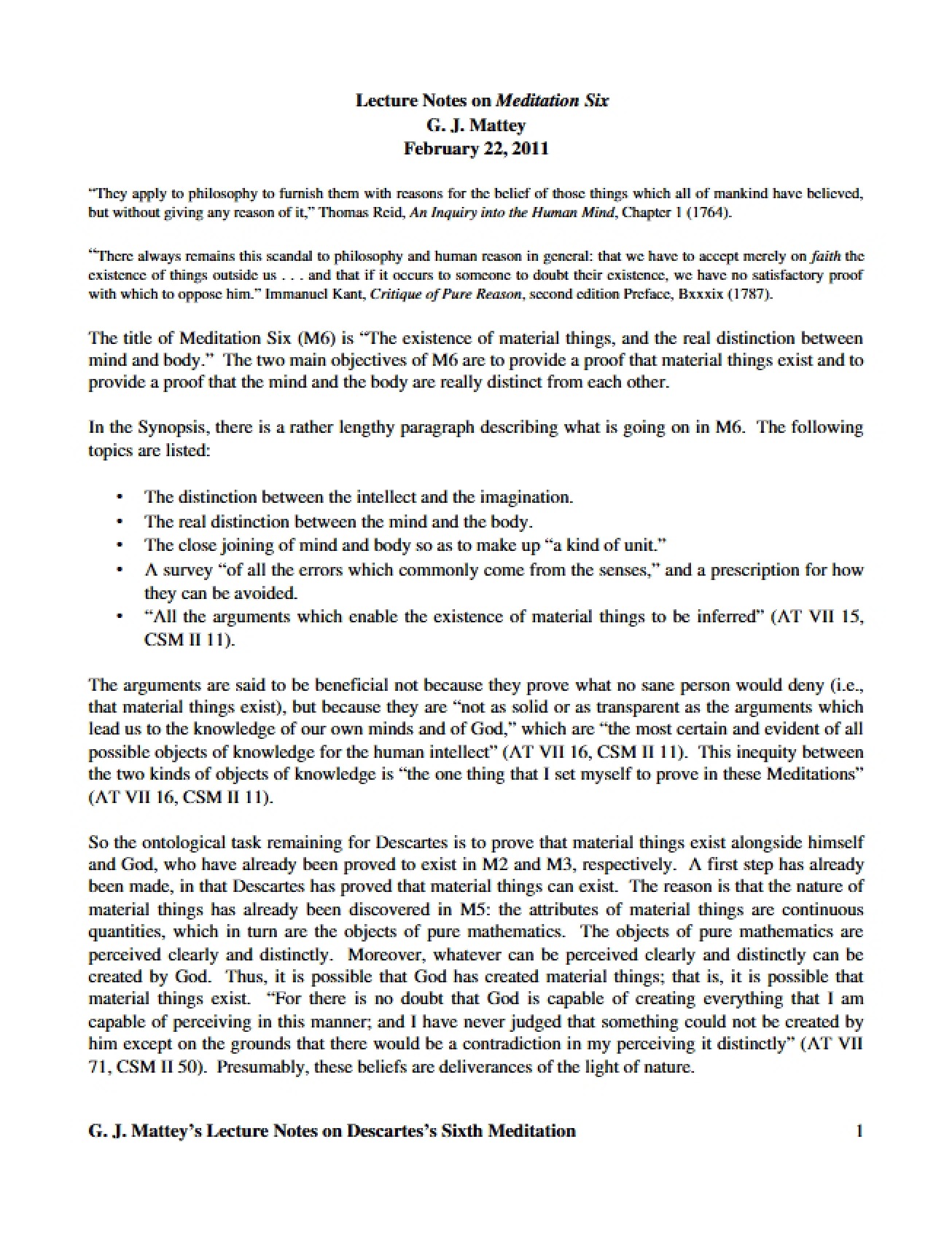 Lecture Notes on Descartes
