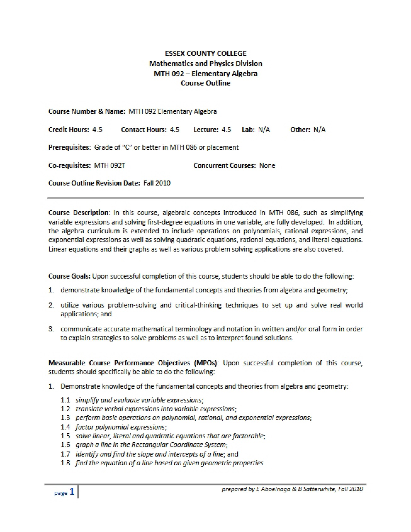 Elementary Algebra Syllabus Copy One