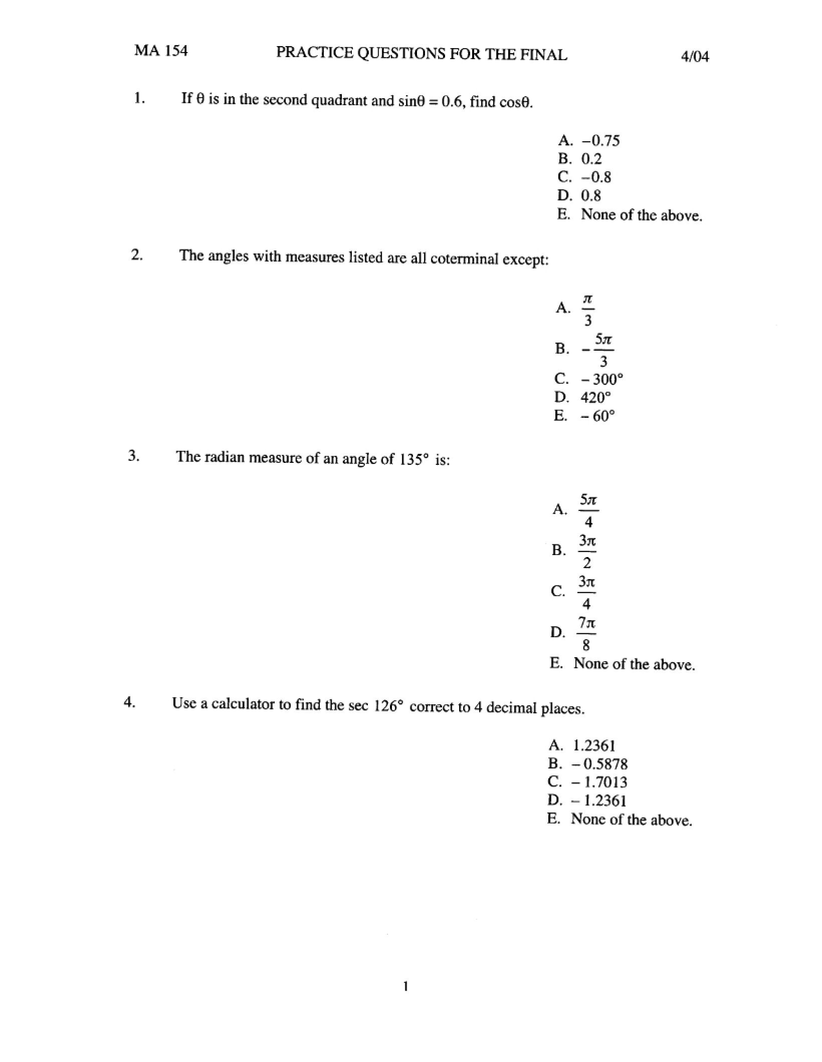 Final Practice Questions